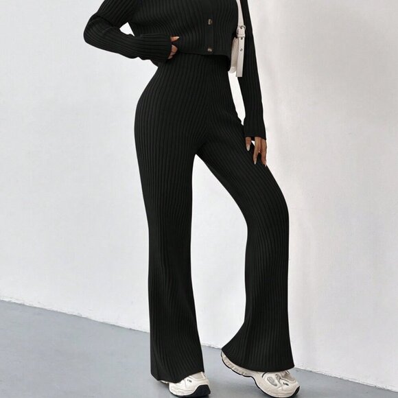 Black Casual Women's Summer Ribbed Knit Cardigan & Flare Leg Knit Pants set - Picture 4 of 6